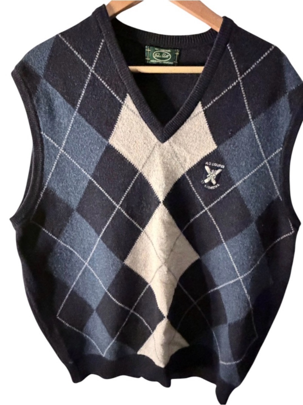 Vintage Peter Scott golf size XL navy blue argyle lambswool sweater vest